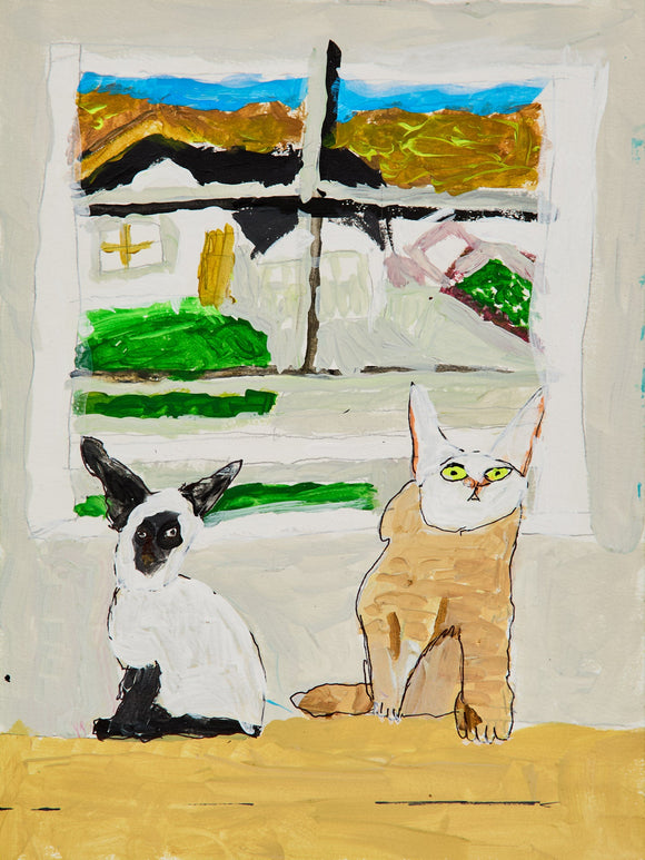 Two cats sit side by side in a bright interior, gazing outward from a sunny windowsill. Behind them, a patchwork of rooftops, hills, and vibrant greenery is framed by a white-paned window. The scene captures a still, domestic moment infused with curiosity and warmth.