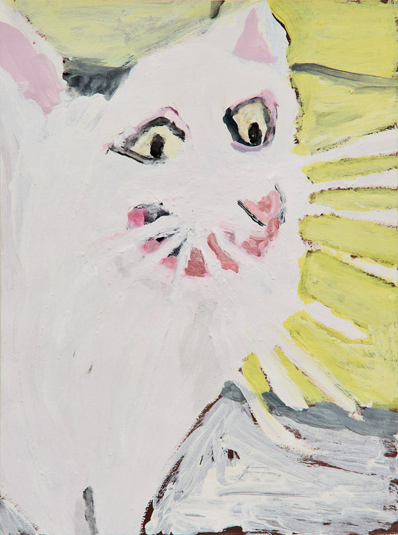 A close-up of a white cat’s face emerges from a flurry of pale pink, yellow, and black strokes. Its wide, golden eyes stare intently, while rays of yellow suggest sunlight or emotion radiating from the frame’s corner.