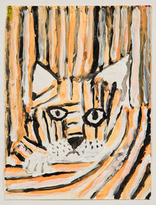 A tiger’s face merges into its striped environment, the fur’s flowing black and orange lines camouflaging it into a hypnotic pattern. Expressive eyes and a ghostly white snout peer forward, drawing the viewer into the wild, entrancing gaze.