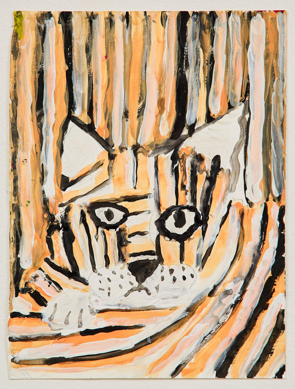 A tiger’s face merges into its striped environment, the fur’s flowing black and orange lines camouflaging it into a hypnotic pattern. Expressive eyes and a ghostly white snout peer forward, drawing the viewer into the wild, entrancing gaze.