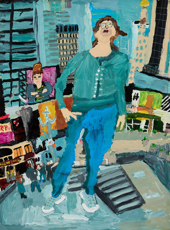 A towering woman in teal stands over a frenetic, stylized cityscape. With thick-rimmed glasses and dynamic brushwork, she appears monumental amid billboards, buildings, and bustling urban life. A second figure, seated in purple, adds narrative intrigue.