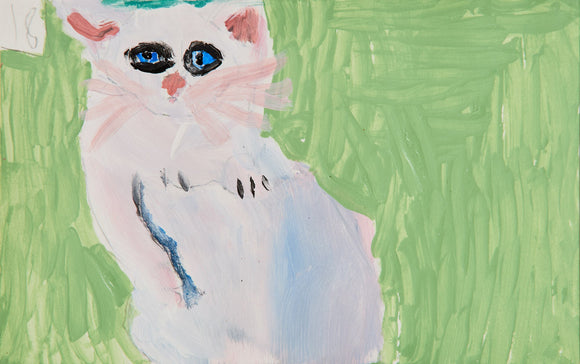 A white cat with deep blue eyes sits in a grassy green setting. The softly brushed fur and oversized eyes give it a dreamy presence, while the light pastels evoke innocence and fantasy.