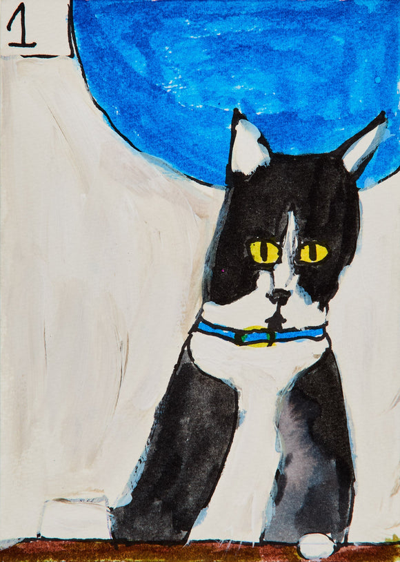 A tuxedo cat with piercing yellow eyes and a blue collar sits poised against a pale background, a large blue orb floating above. The simplicity of the setting draws attention to the feline’s alert, symmetrical posture.