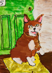 A painting of a jovial brown cat with a white muzzle and paws poses with a grin outside a vivid green door. Resting on a bright yellow doormat, the composition radiates warmth and playfulness, with bold lines and flat, expressive colors capturing a cheerful moment of welcome or anticipation.