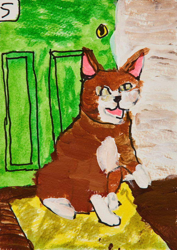 A painting of a jovial brown cat with a white muzzle and paws poses with a grin outside a vivid green door. Resting on a bright yellow doormat, the composition radiates warmth and playfulness, with bold lines and flat, expressive colors capturing a cheerful moment of welcome or anticipation.