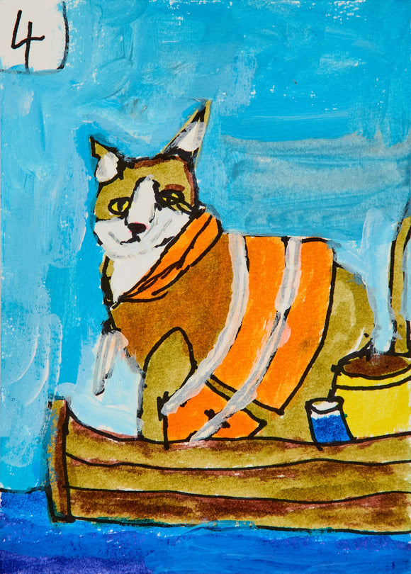 Wrapped in a vibrant orange life vest, a cat sits in a wooden boat adrift on swirling blue waters. Objects around it—like a yellow bucket—hint at adventure or survival, set against a cheerful sky.