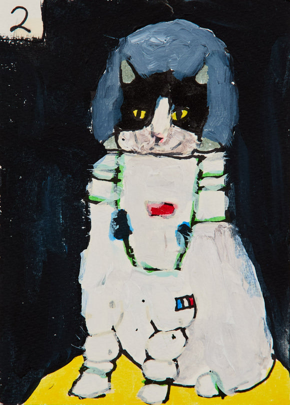 This black and white cat wears an astronaut's uniform and helmet and grins widely, sitting on the moon. Its cheerful expression contrasts the flat textures.