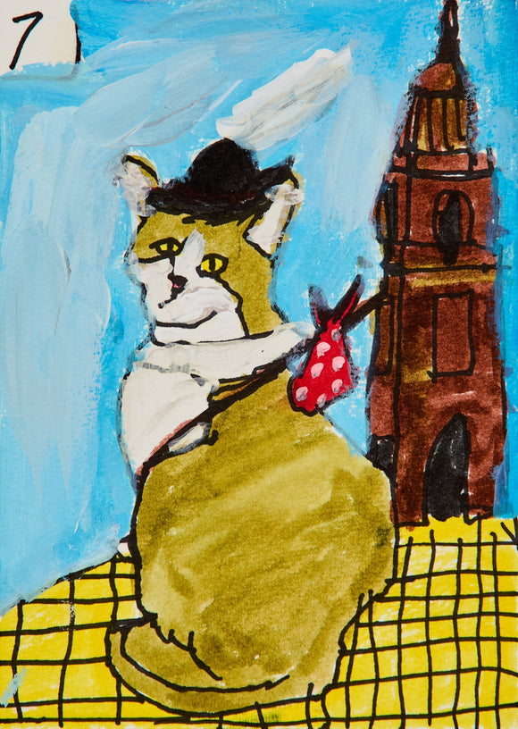 A painting of a curious traveler cat dons a black hat and a red polka-dot bindle, seated on a yellow grid in front of a tall tower. A whimsical take on wanderlust with bold color blocking.