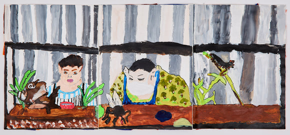 Three-panel painting shows a surreal indoor scene. On the left, a boy with feline-like ears tends to a fish tank. In the center, a woman rests near a giant fly. On the right, a dark insect perches on bright green leaves. Vertical gray-striped backgrounds unify the dreamlike composition across the panels.