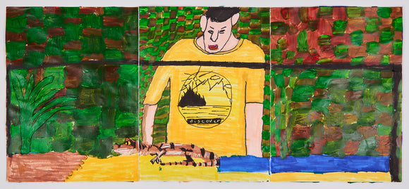 A person in a yellow shirt emblazoned with a tropical island graphic and the word “discover” looks down at a small crocodile on the path. Behind them, vibrant brushstrokes in green, brown, and red evoke a lively jungle setting, giving the composition a mix of innocence and adventure.