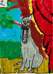 A painting of a refined grey cat with a black bowtie sits elegantly against a stage-like backdrop. Deep red curtains frame the right, while expressive swirls of green and blue on the left evoke painted foliage. The feline's golden eyes lock with the viewer, giving the piece a sense of theatrical poise and mysterious grace.