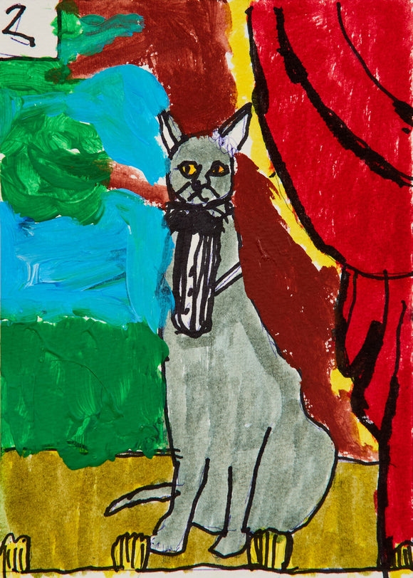 A painting of a refined grey cat with a black bowtie sits elegantly against a stage-like backdrop. Deep red curtains frame the right, while expressive swirls of green and blue on the left evoke painted foliage. The feline's golden eyes lock with the viewer, giving the piece a sense of theatrical poise and mysterious grace.