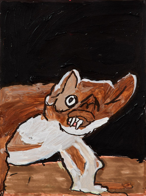 A bold, stylized creature with oversized teeth and one wide eye looms from a black background. Its brown and white body is painted with thick brushstrokes, giving it the raw energy of an untamed beast. The exaggerated features suggest a fusion of cartoon and primal energy.