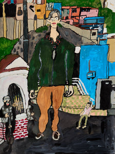 A central figure in a green jacket and tan pants dominates the canvas, surrounded by a vibrant urban environment. Brightly colored buildings and distant figures give depth to the piece. The expressive use of color and bold outlines adds to the scene’s narrative intrigue.