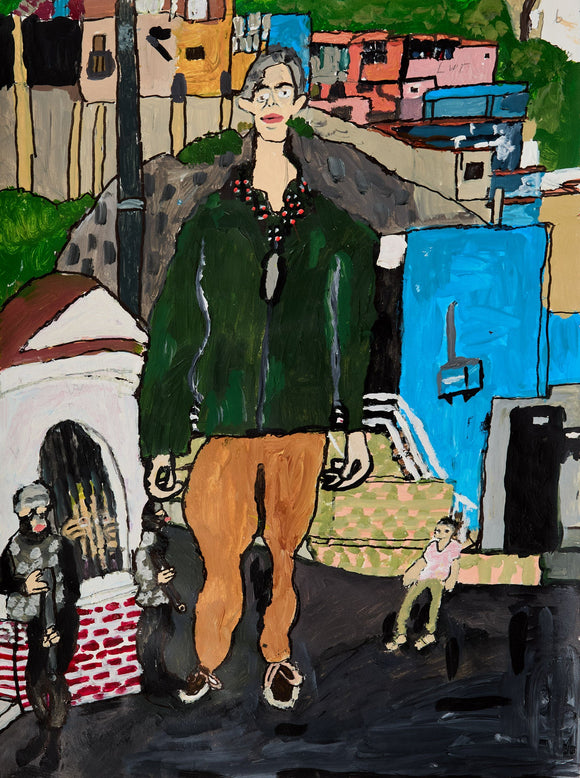 A central figure in a green jacket and tan pants dominates the canvas, surrounded by a vibrant urban environment. Brightly colored buildings and distant figures give depth to the piece. The expressive use of color and bold outlines adds to the scene’s narrative intrigue.