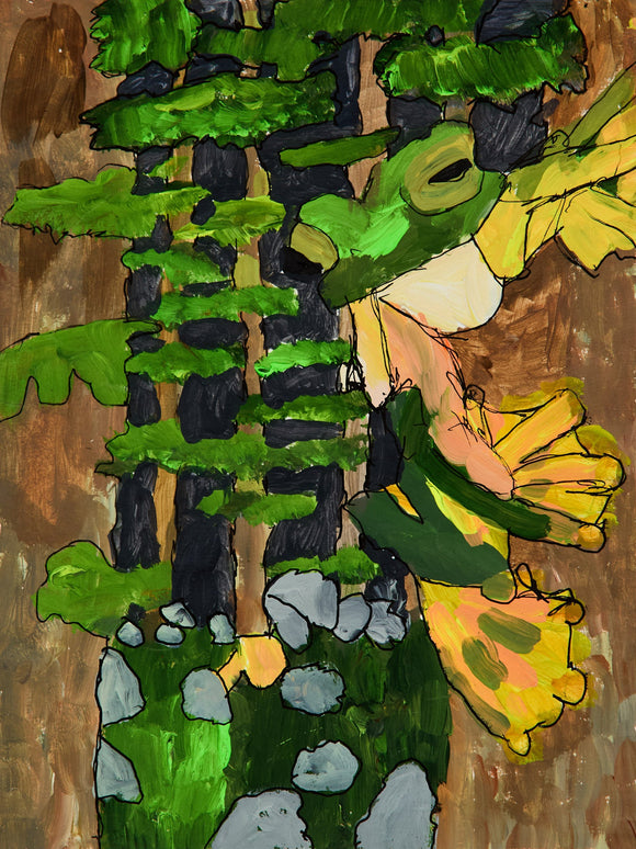 A vibrant jungle composition with layered green leaves, gray rocks, and a large green frog with yellow and orange limbs, perched mid-leap. The exaggerated plant forms and whimsical palette suggest a lush, enchanted forest.