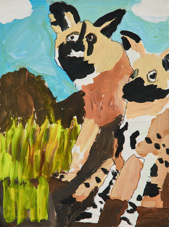 Two painted dogs, with bold patches of tan, black, and white, stand before a loosely rendered grassy hill and bright blue sky. Their large eyes and expressive ears convey alertness, with a sense of movement frozen in a moment of shared attention.