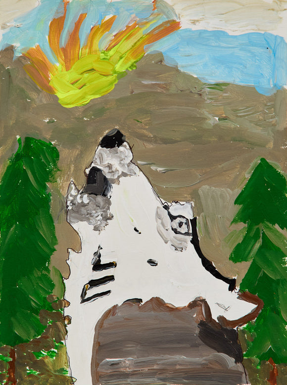 A white wolf with black markings howls towards a yellow-orange sun bursting over a brown mountain range. Framed by two tall green pines, the composition balances wilderness and wonder in an expressive, childlike celebration of nature’s voice.