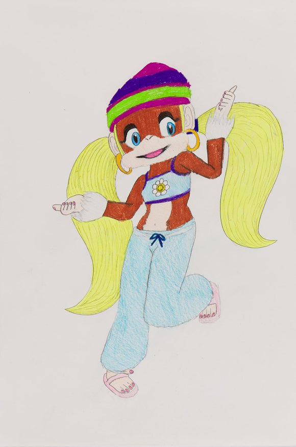 ‘The Chimpanzee Tiny Kong’ is a colored pencil on paper artwork that measures 18 x 12”. It features Tiny Kong, a character from the Donkey Kong Universe. Tiny Kong is striking a pose as if having her picture taken. She is wearing a striped beanie with a teal crop top and matching pants. Her long yellow hair is fashioned in pigtails and emerges from the sides of her head. Her hands are held in a playful snapping pose as if she is dancing for the camera.