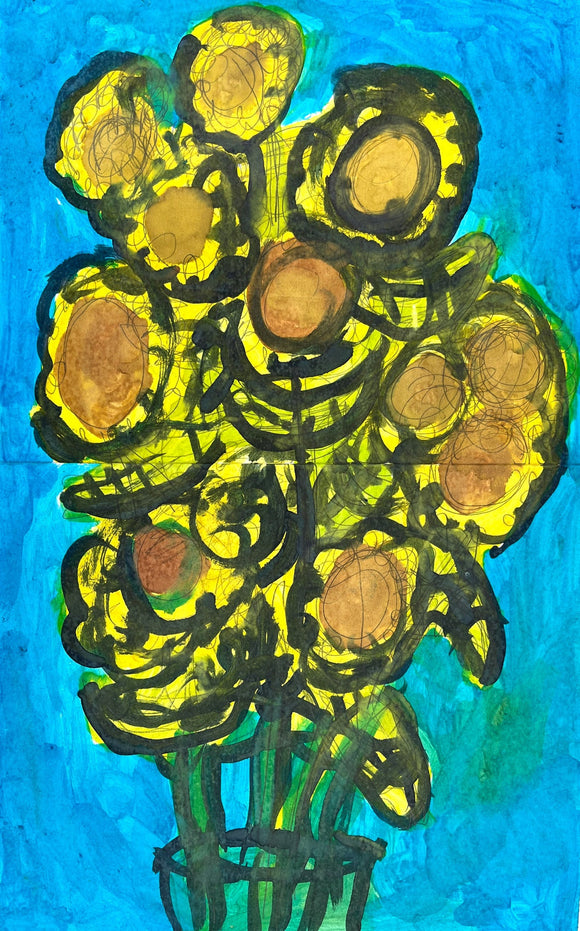 This painting depicts a stylized bouquet of sunflowers, rendered in expressive layers of dark lines and vibrant yellows against a bold, turquoise background. The organic shapes and loose lines give the composition a sense of movement, capturing the lively essence of the flowers rather than realistic detail.