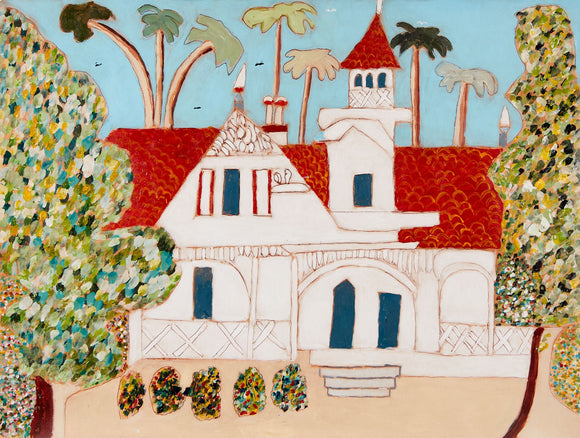 This painting presents a quaint villa with red-tiled roofs and soft white walls, surrounded by lush foliage and stylized palm trees under a bright blue sky. The artist employs pointillist-inspired brushstrokes in the trees, creating a lively texture that contrasts with the villa’s smooth surfaces, evoking a sense of warmth and tranquility.