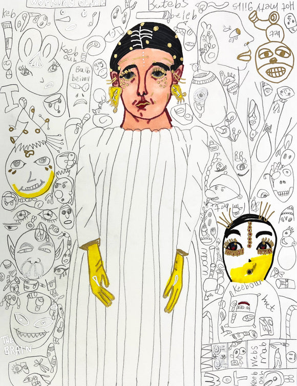 This intriguing artwork features a central figure dressed in white with striking yellow gloves, set against a chaotic background of expressive faces, symbols, and doodles. The piece explores themes of individuality and introspection, with the figure’s solemn expression and unique accessories contrasting the frenetic energy of the surrounding illustrations.