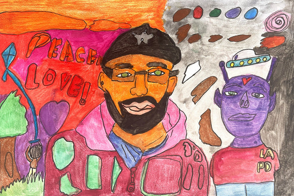 This vibrant artwork presents a colorful portrait of two characters against a dynamic, abstract background with contrasting red, orange, and gray tones. The left character, depicted with warm skin tones, glasses, and a bearded smile, embodies themes of 