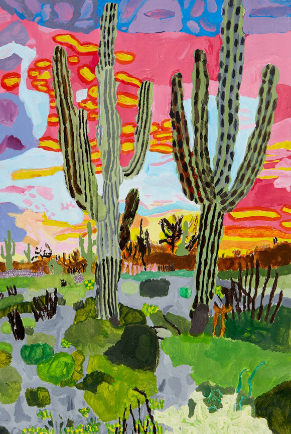 This vibrant desert landscape painting captures towering saguaro cacti (Carnegiea gigantea) set against a dramatic sunset sky filled with intense shades of pink, purple, and orange. The green and grey tones of the desert floor, dotted with varied vegetation, contrast beautifully with the warm hues of the sky, evoking a sense of serenity and the raw beauty of the southwestern landscape.