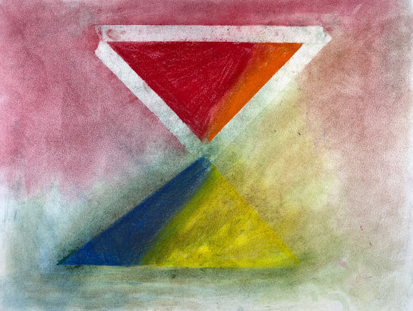 This abstract artwork features two triangular shapes, one in red with hints of orange at the top and the other in blue blending into yellow at the bottom, set against a soft, textured background of pink and muted earth tones. The composition, with its simple geometric forms and layered colors, evokes a sense of balance and contrast, as the warm and cool tones create visual harmony.