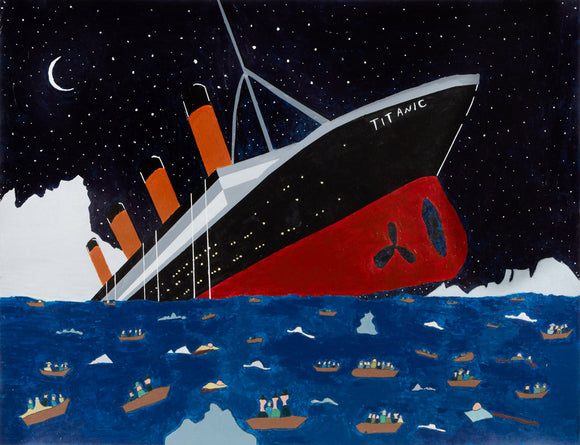 “The Titanic #2” is a 38 by 50-inch acrylic on paper painting that shows the fateful night of the sinking of said ship. The monstrous boat is bow up as it sinks into the dark blue icy water. The survivors look on from the lifeboats amongst the debris of the iceberg. Other human-like figures can be seen floating in the water beneath a black sky full of white stars and a crescent moon.  