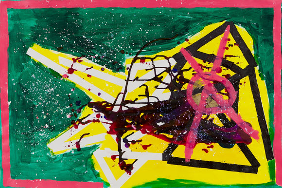 Titled, ‘Brain Power’, this is a 24 x 36” acrylic on paper artwork by Bill Marshall. The image shows a colorful painting featuring a star-like shape with paint splatters. The vibrant colors and abstract design give the impression of modern art, while also incorporating elements of illustration and graphic design. The dominant colors in this painting are yellow, green, black and pink. There are tiny flecks of white scattered throughout the artwork.