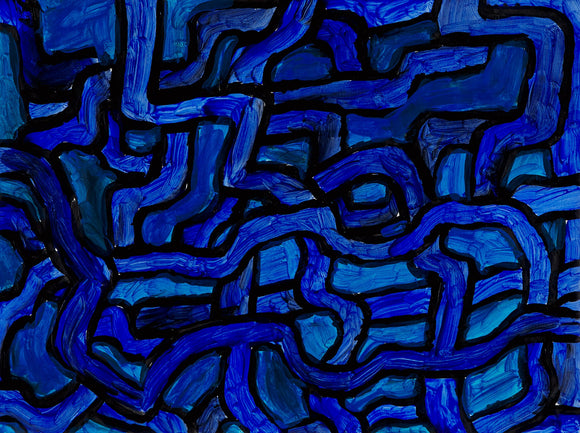 Ivan Saucedo’s ‘Blue Pattern Art’ is an acrylic painting on paper, 18 x 24”, consisting of intricate lines and shapes, creating a sense of movement and depth. The different shades of blue add vibrancy to the overall composition. The varying thicknesses and angles of the lines add dimensionality, making it visually stimulating.
