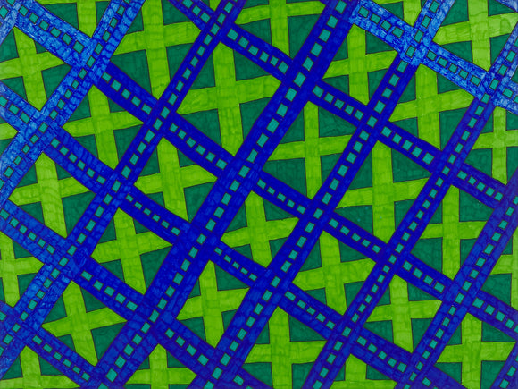 This drawing titled, ‘Madas’, is 18 x 24” and made by Ivan Saucedo. The pen drawing has vibrant and colorful abstract patterns featuring shades of blue and green. The pattern has a symmetrical design with intricate details that could be compared to details in woven fabric or a lattice. Despite its abstract form, there is still a sense of structure and balance within the composition.