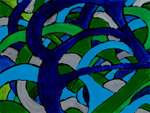 This is an acrylic painting of vibrant colors and intricate patterns, titled ‘Painting Patterns’, by Ivan Saucedo. The main colors are green, blue and gray, which are outlined by thick and jagged black lines. This abstract artwork features various shapes and lines that create a sense of unbalance. This captivating artwork shows a complex arrangement of interacting forms that create depth and movement.