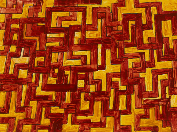 This artwork is an acrylic on paper work by Ivan Saucedo. ‘Pattern Arts (1)’ depicts a visually striking and intricate design that includes bold brown lines over an ochre backdrop. Despite being composed primarily of straight lines, there is still an organic flow present throughout this work - almost as if it were alive and constantly shifting. This sense of movement is enhanced by subtle variations in color intensity, adding depth and dimensionality.