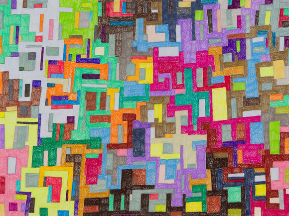‘Pattern Arts (2)’ is an 18 x 24” colored pencil on paper piece by Ivan Saucedo. In this artwork, we see a colorful abstract pattern, featuring various colors that span the color wheel. The overall composition is reminiscent of a quilt or puzzle. The texture of this image is highly detailed and varied. There's a sense of playfulness to the way these colors interact with one another, creating a dynamic visual experience.