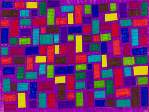 This is a colorful and vibrant abstract composition titled ‘Shape Art’ by Ivan Saucedo. This 18 x 24” drawing with markers features a pattern of different-sized rectangles against a deep purple background. The dominant colors are purple and red, with accents of teal and yellow throughout the frame. The use of magenta and lilac hues adds contrast to the predominantly purple color scheme, creating visual interest and drawing the eye toward different areas within the balanced image. 