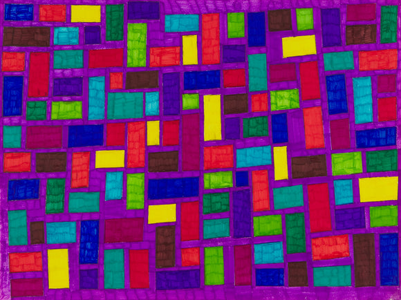This is a colorful and vibrant abstract composition titled ‘Shape Art’ by Ivan Saucedo. This 18 x 24” drawing with markers features a pattern of different-sized rectangles against a deep purple background. The dominant colors are purple and red, with accents of teal and yellow throughout the frame. The use of magenta and lilac hues adds contrast to the predominantly purple color scheme, creating visual interest and drawing the eye toward different areas within the balanced image. 