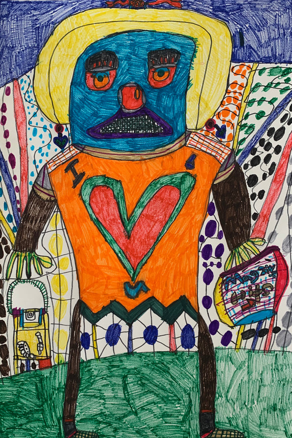 Drawing of a character with a blue face and orange shirt that has a large red heart on it. The background is patterned in dots. 