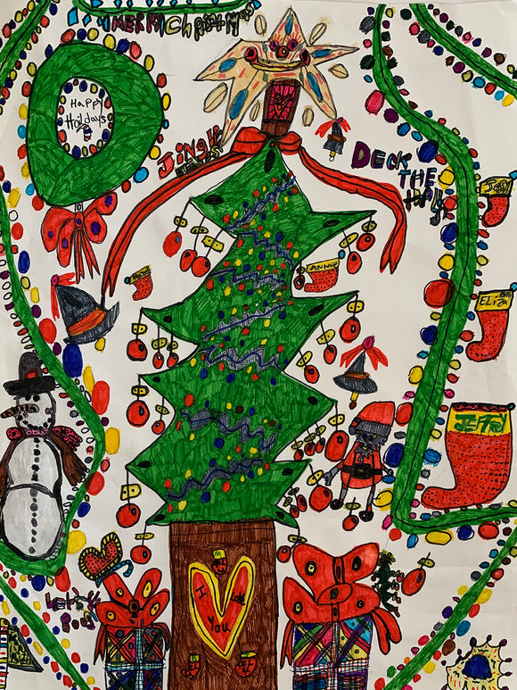 Drawing of a christmas tree. A snow man is on the bottom left hand side of the drawing and red stockings are on the right hand side. 