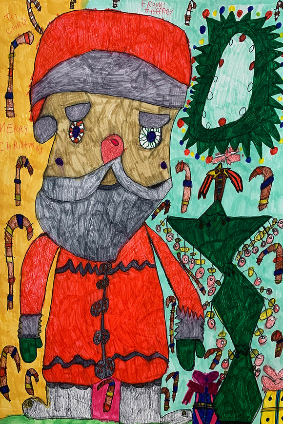 Drawing of Santa Claus with kanes and christmas reeves in the background.  
