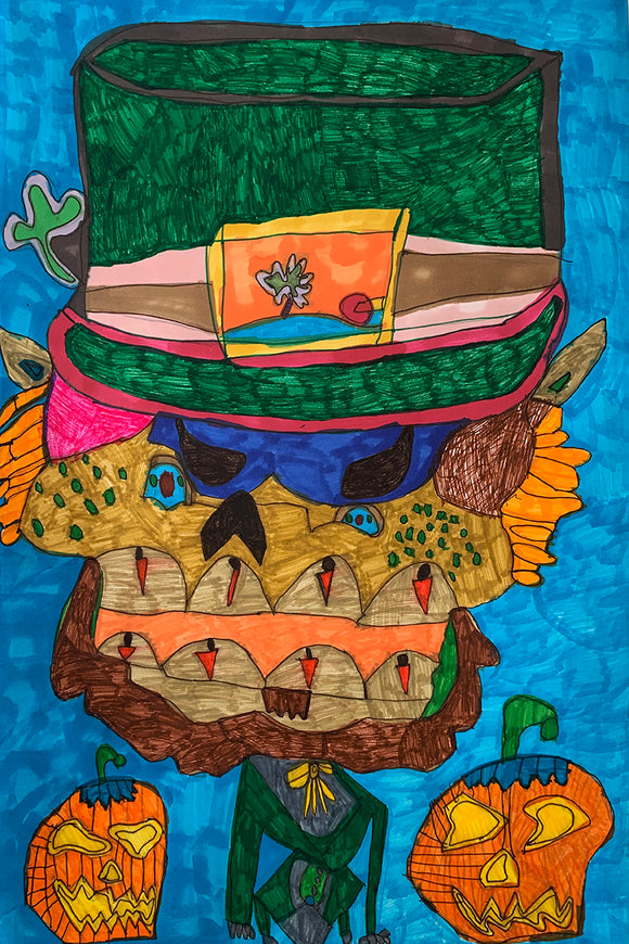 Drawing of a leprechaun with two Jack O lanterns on both of his sides. 