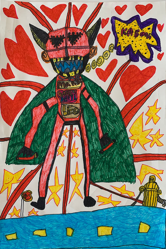 Drawing of a devil like character with a green cape. The background is red hearts and yellow stars. 