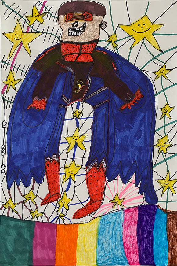 This image is marker drawing of a superhero with a blue cape. Smiling yellow stars are surrounding  the character. 