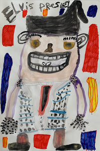 This is a drawing of a white man with black hair smiling. He is wearing a black and white outfit and the top of the drawing has text that reads "Elvis Presley" 