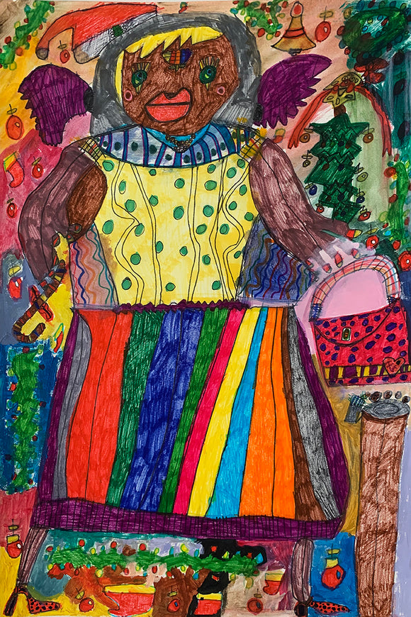 Drawing of a black woman wearing a yellow top with a rainbow patterned skirt. She is holding a red bag with dots on it and the background has christmas trees and ornaments 