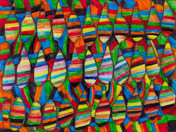 ‘Color Shapes’, a marker on paper drawing by Manuel Guerrero, is an 18 x 24” composition that shows a group of colorful lines, arranged in an orderly fashion. Closer inspection reveals fruit-like shapes that contrast the vertical lines with horizontal ones. There are shades of various colors throughout the piece. The abstract design creates a sense of movement and depth. 