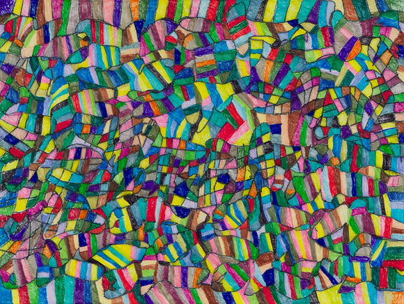 ‘Spiral’ by Manuel Guerrero is an 18 x 24” marker on paper depicting a colorful and vibrant abstract texture, with numerous stripes and shapes. Every corner of this piece is filled, making the shapes difficult to discern from one another. Using various shades of dozens of colors, the artist creates a cohesive and harmonious composition. 