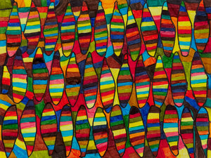 ‘Striped Leaves’ by Manuel Guerrero is an 18 x 24” piece composed of marker on paper. The drawing shows a vibrant and colorful abstract pattern, with shades of red dominating the foreground and background. The overall composition is eye-catching and visually appealing, with various shapes and lines creating a sense of continuous movement and depth. The use of the different autumn colors adds to the dynamic nature of the design, making the shapes stand out even more. 