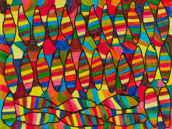 ‘Untitled 101’, an 18 x 24” piece by Manuel Guerrero is made of marker on paper depicting a colorful abstract pattern of striped objects. The background is filled with a vibrant mix of similar hues, creating an eye-catching display. The pattern itself is made up of various shapes and lines. This artwork exudes energy and liveliness through its use of bold colors and intricate design. 